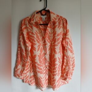 Rachel Zoe 100% Linen Orange Leaf Print Blouse SzSm Oversized Roll Tab Sleeve